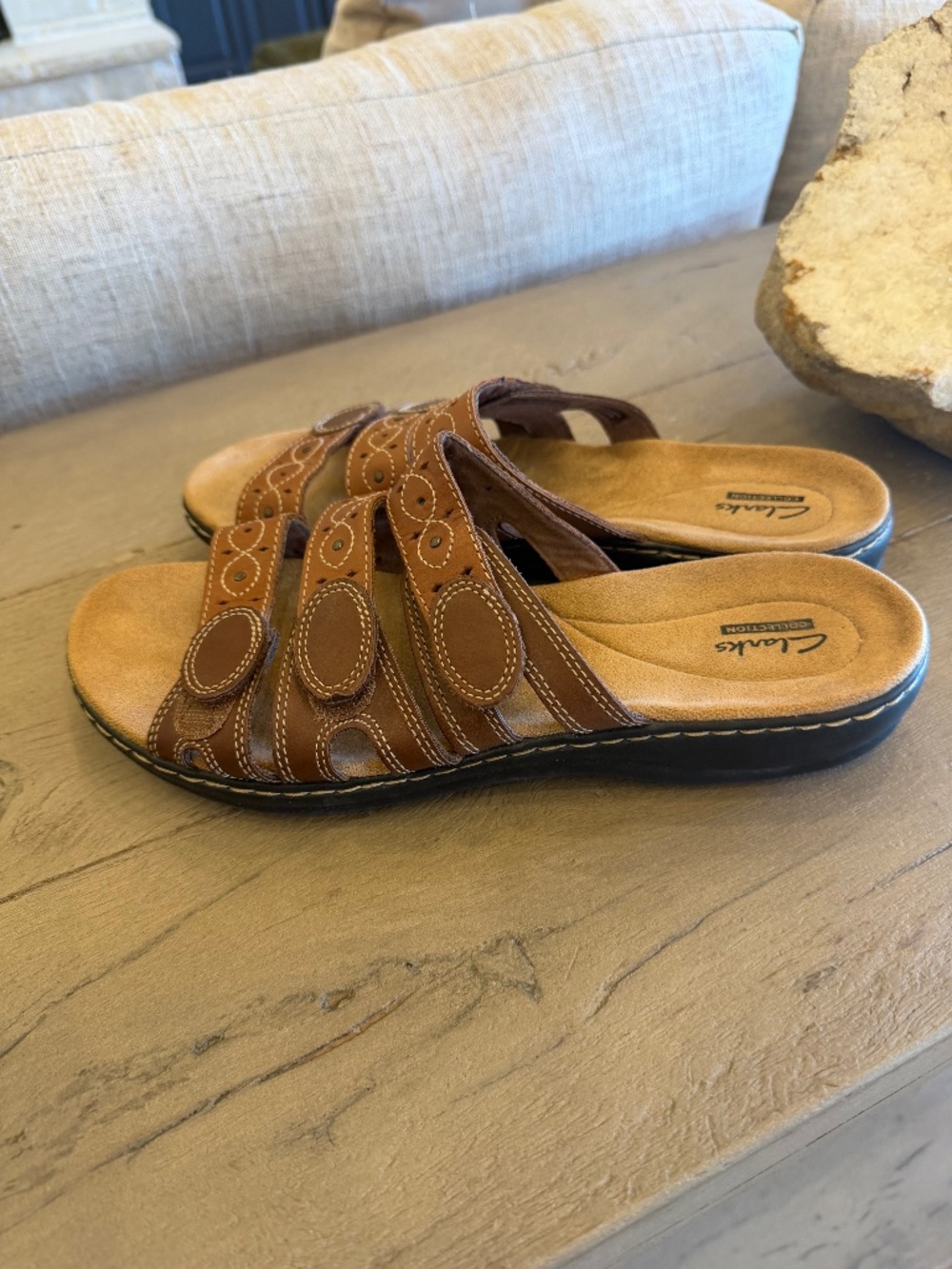 Clarks Leisa Cacti Woman's Sandals Brown Boho Comfort Slides Stitching Size 10M